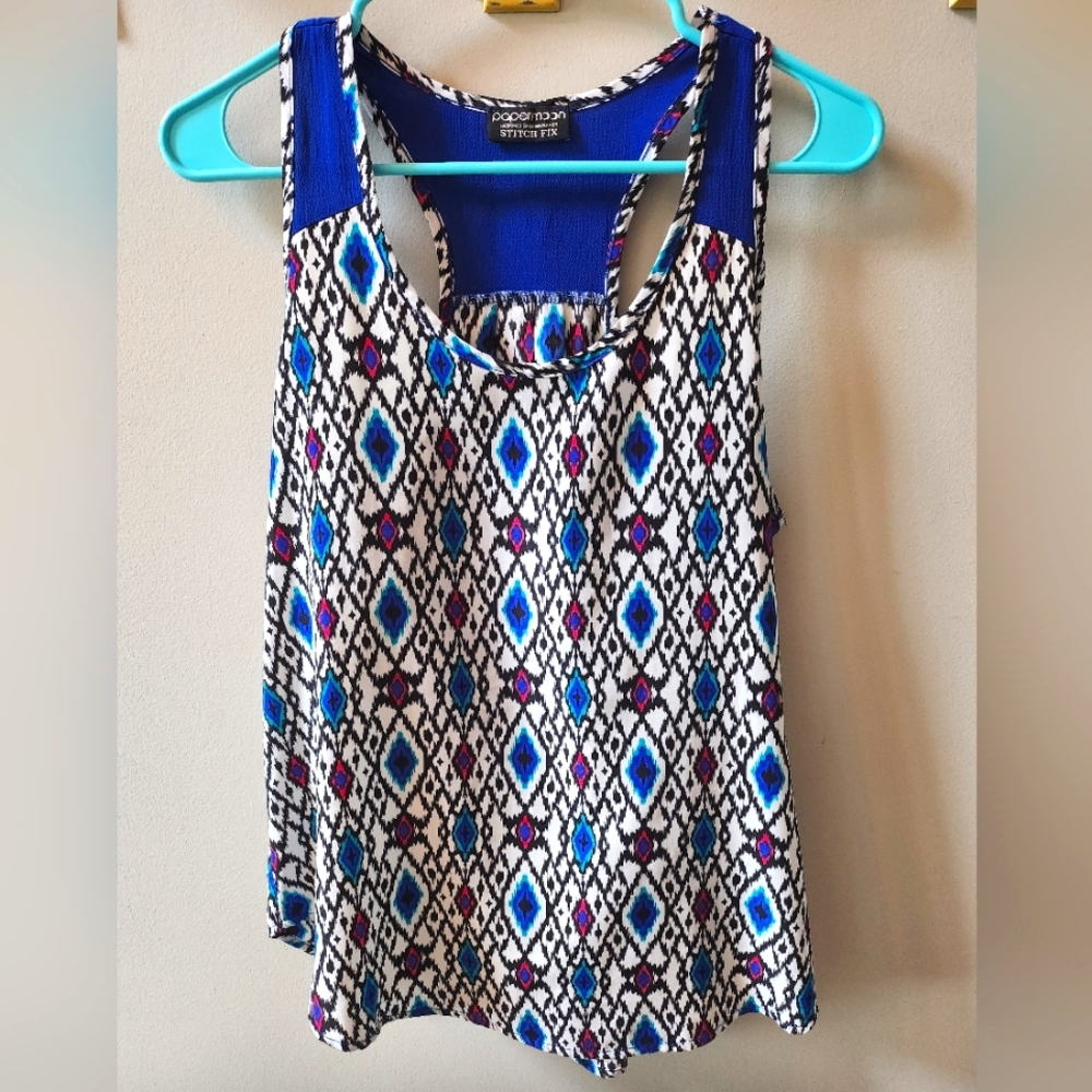 Papermoon for StichFix tank top, Royal Blue/Multi Color, Size M